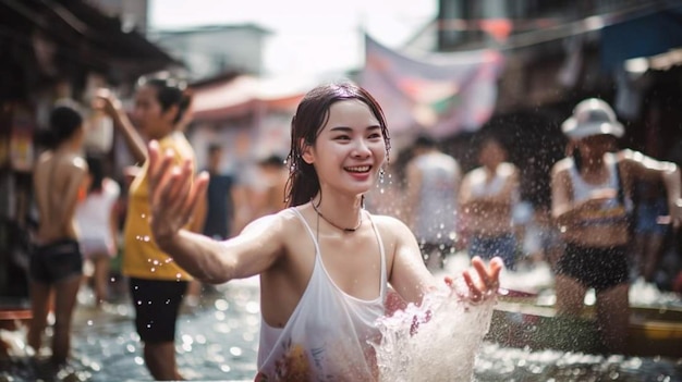 写真 祭りで女性が水しぶきを浴びている。