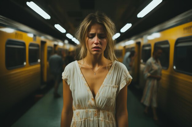 Фото Женщина стоит перед поездом.