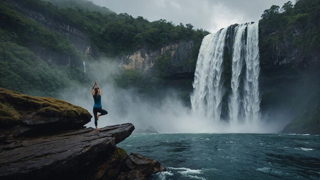 Фото Женщина стоит на скале с видом на водопад