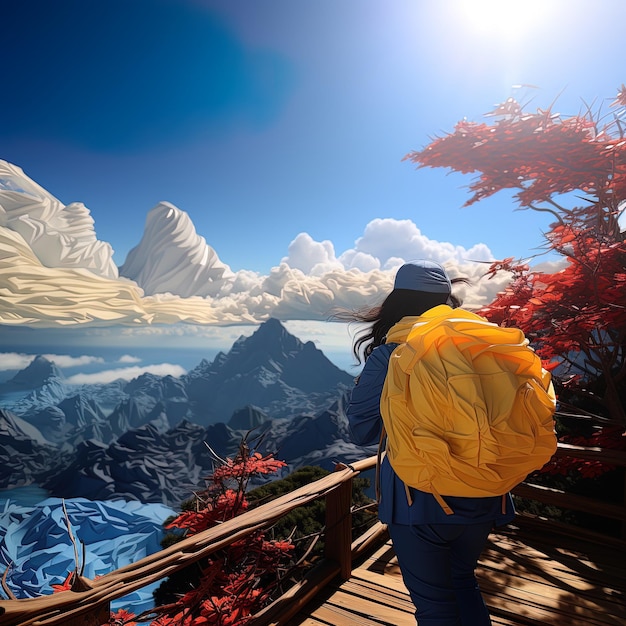 사진 한 여성이 배경에 산과 함께 갑판에 서 있습니다.