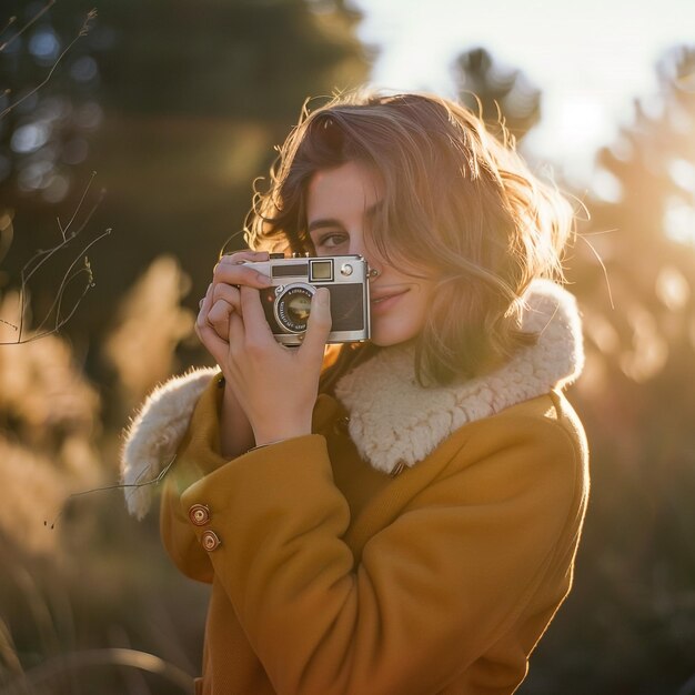 Фото Женщина фотографирует с помощью камеры