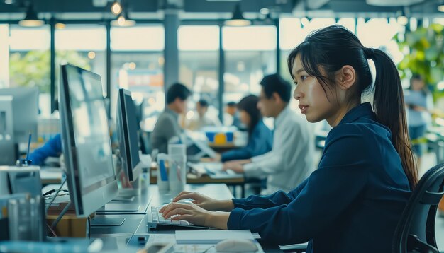 사진 한 여자 가 다른 사람 들 과 함께 큐비클 에 있는 컴퓨터 에서 타이핑 하고 있다