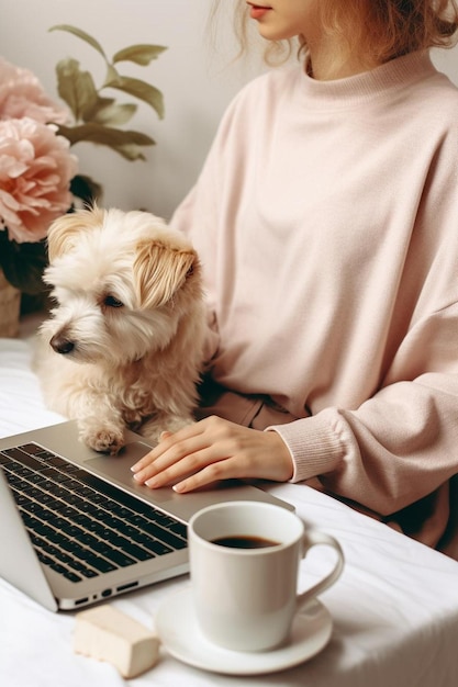 사진 한 여인이 무에 개와 커피 한 잔을 들고 노트북을 사용하고 있다.