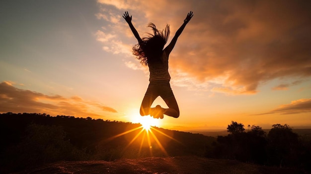 写真 背景に日が沈むと ⁇ 女性が空中に飛び込む