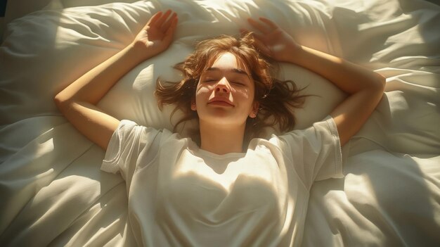 Фото Женщина, лежащая в постели с закрытыми глазами.