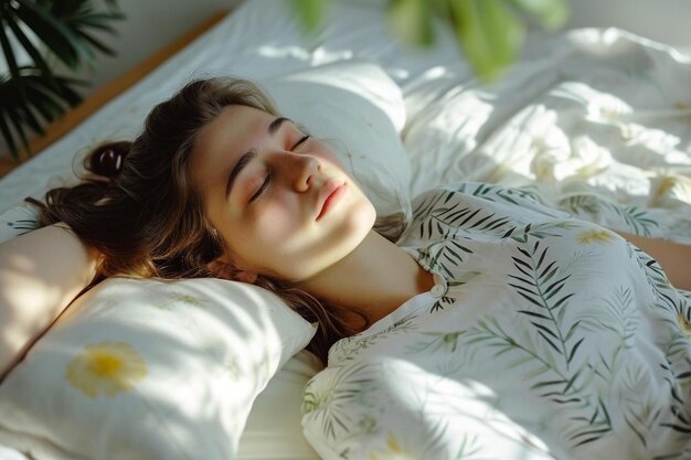 Фото Женщина, лежащая в постели с закрытыми глазами