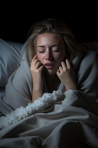 Фото Женщина лежит в постели, закрыв лицо руками