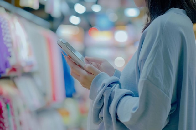 写真 店で携帯電話を見ている女性