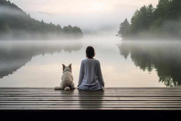 写真 女が湖の木製のドックで瞑想している