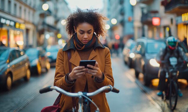 写真 自転車に乗った女性が携帯電話でテキストメッセージを送っている間携帯電話を見ています