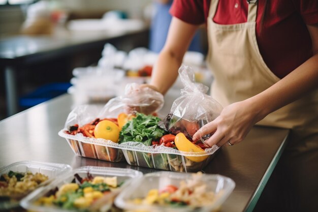 写真 昼食をテーブルの上に置く女性昼食を準備する女性