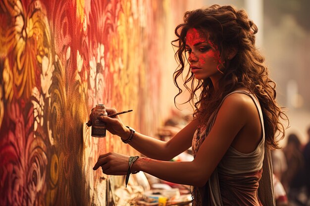 Фото Женщина рисует стену с кистью в руке