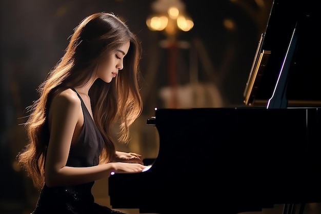 写真 黒い背景でピアノを弾く女性