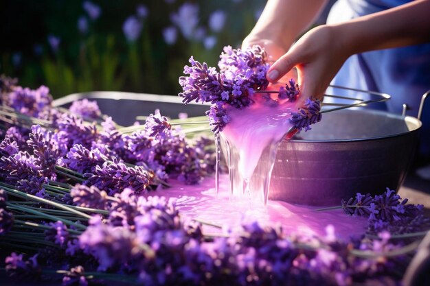 Фото Женщина наливает воду в ванну с фиолетовыми цветами.