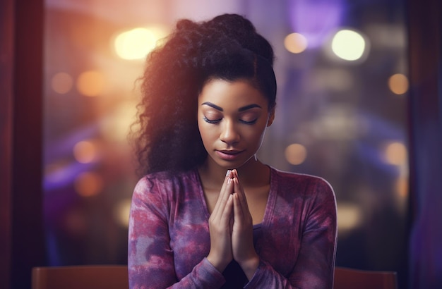 写真 パソコンの前で祈りを捧げる女性