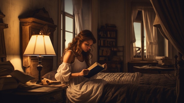写真 ホテルの部屋で本を読んでいる女性