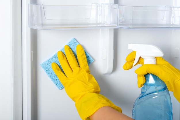 노란색 고무 보호 장갑과 파란색 스폰지에 여자의 손을 씻고 냉장고 선반을 청소합니다. 청소 서비스, 주부, 일상적인 가사. 창문 및 유리 표면 클리너 용 스프레이