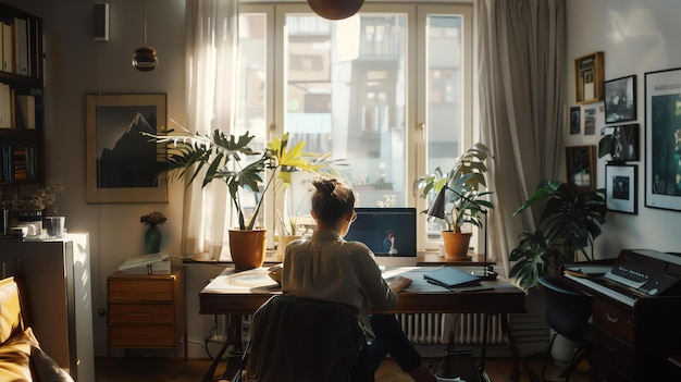 写真 女性が自宅のオフィスの机に座ってコンピューターで働いています 植物は窓のそばに座っており机の後ろには大きな窓があります
