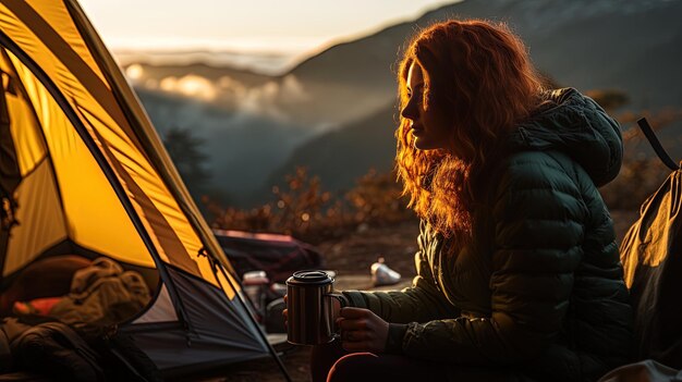 写真 女性がテントの前で座って背景に日没を眺めています