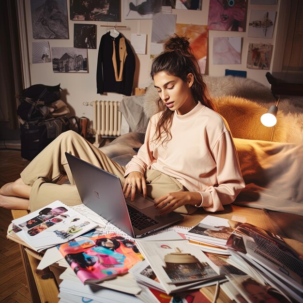 Фото a woman sits on a couch with a laptop and a lot of papers