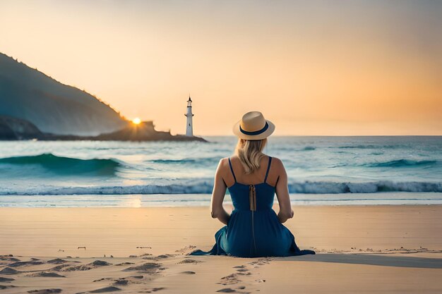 Фото Женщина сидит на берегу перед маяком.