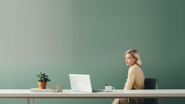 写真 ミニマリストの企業オフィスの緑の背景を見て机に座っている女性