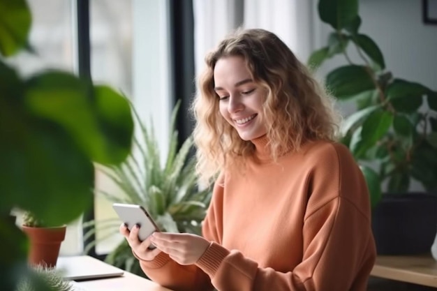 写真 携帯電話を使ってテーブルに座っている女性