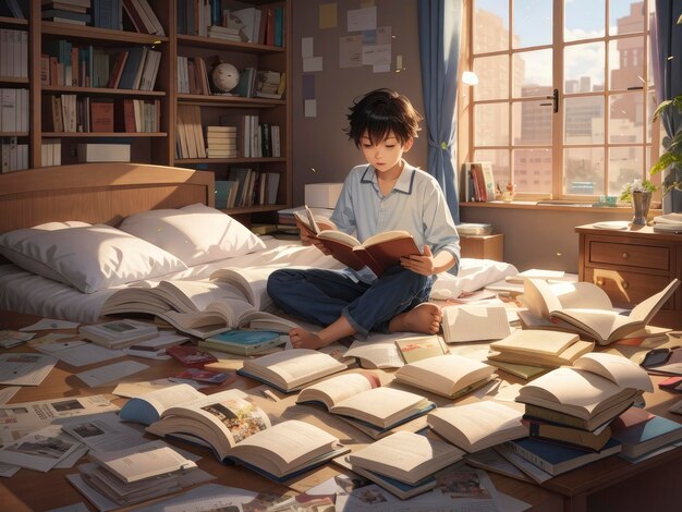 사진 책으로 가득 찬 방에서 책을 읽는 침대에 앉아 있는 여자