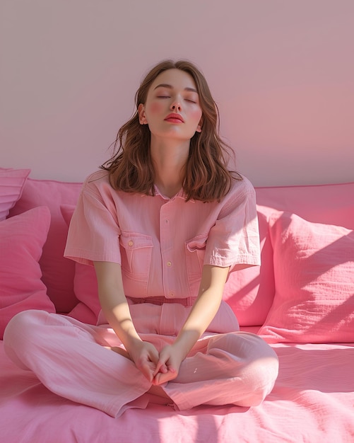 Фото Женщина сидит на кровати с розовыми простынями