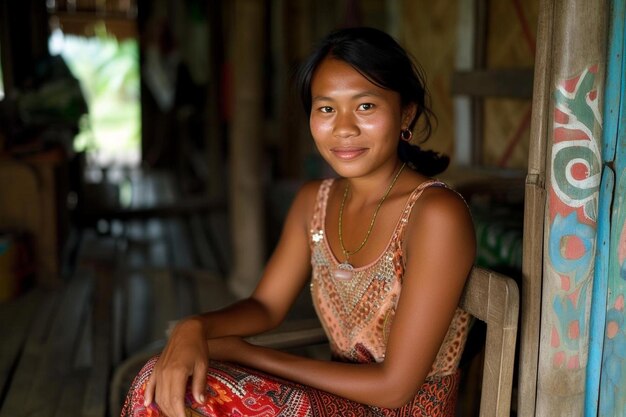 写真 部屋のベンチに座っている女性