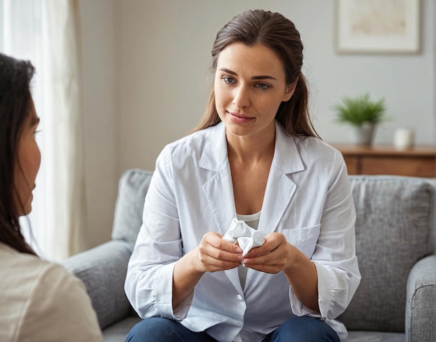 写真 別の女性と話しているソファに座っている女性