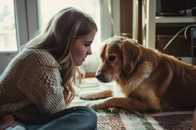 写真 犬の隣で床に座っている女性ペットケアコンセプトに適しています