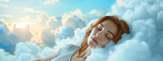 写真 女が空の雲の上で眠っている