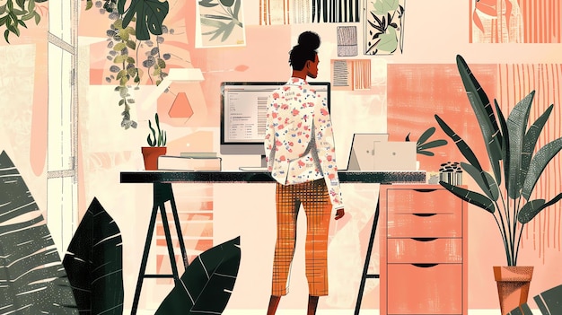 写真 コンピュータの前に立っている女性彼女は花色のシャツとオレンジ色のズボンを着ています背景には植物とピンクのキャビネットがあります