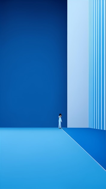 사진 파란색 배경의 파란색 벽 앞에 여자가 서 있다