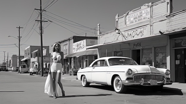 写真 白い車と白い車の前に立っている女性