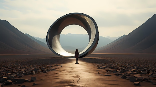 Фото a woman stands in the desert with a giant sculpture in the middle of it