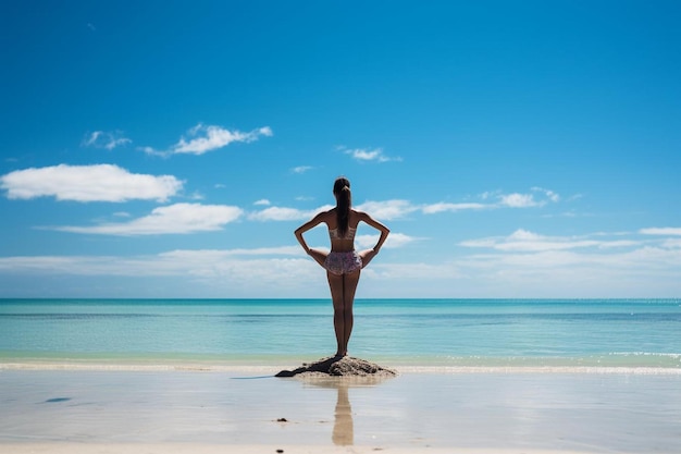 写真 女性が手を臀部に置いてビーチに立っています