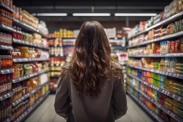 写真 やかなスーパーマーケットの通路の真ん中に立って精密に商品を比較している女性