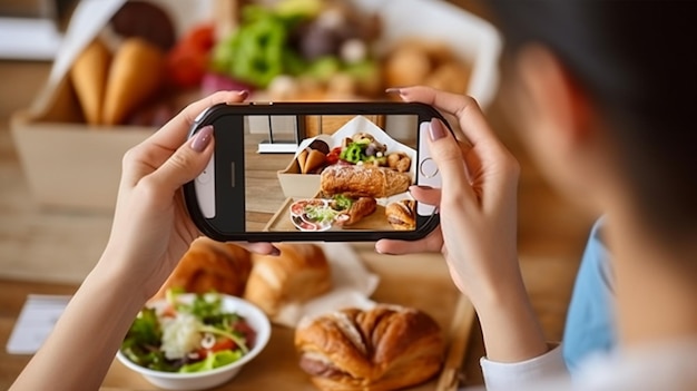 写真 携帯電話で食事の写真を撮り、朝食の写真を撮る女性。