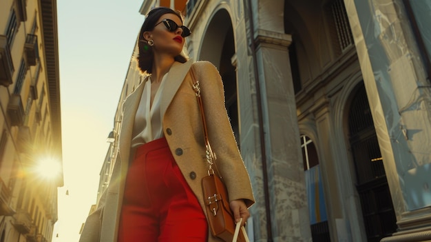 사진 패션과 라이프 스타일 개념에 적합한 지갑을 들고 거리를 고 있는 여성