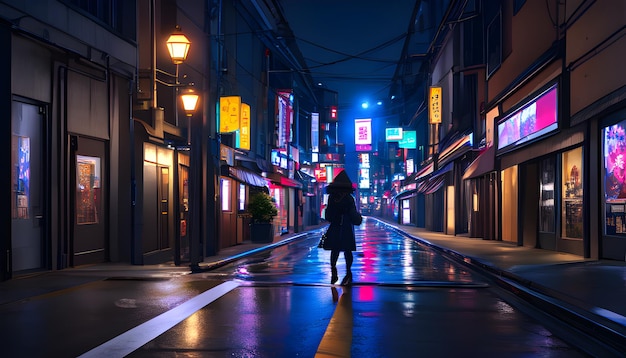 写真 雨の夜、街を歩く女性。