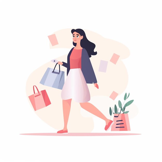 写真 ショッピング バッグ と 植物 を 手 に 持っ て 歩く 女性