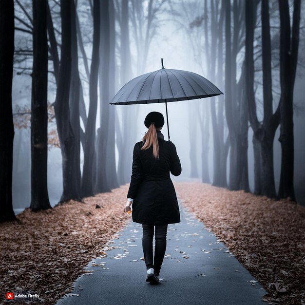 写真 女が雨の中の傘を持って道を歩いている
