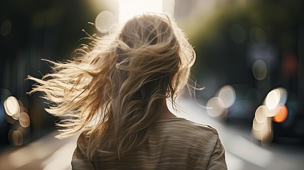 写真 髪を風になびかせながら通りを歩く女性。