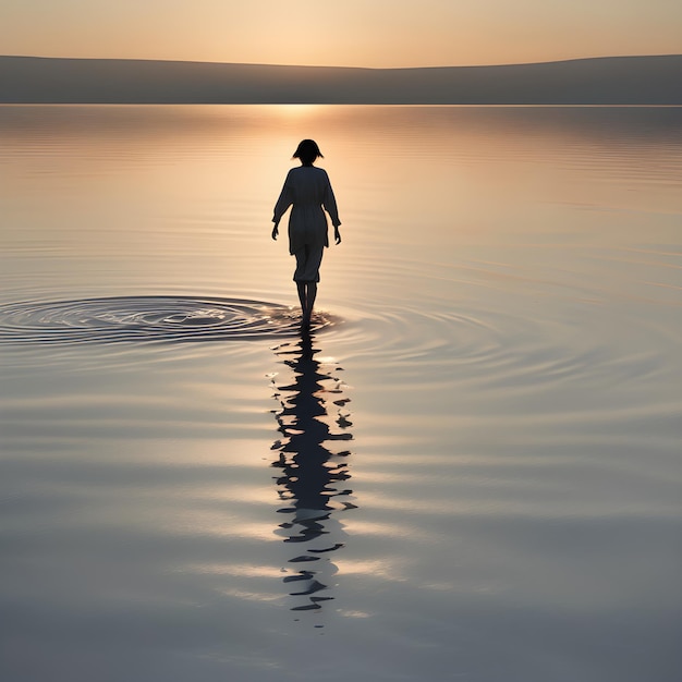 사진 한 여인이 물속을 고 태양이 그녀의 뒤에 서 있습니다.