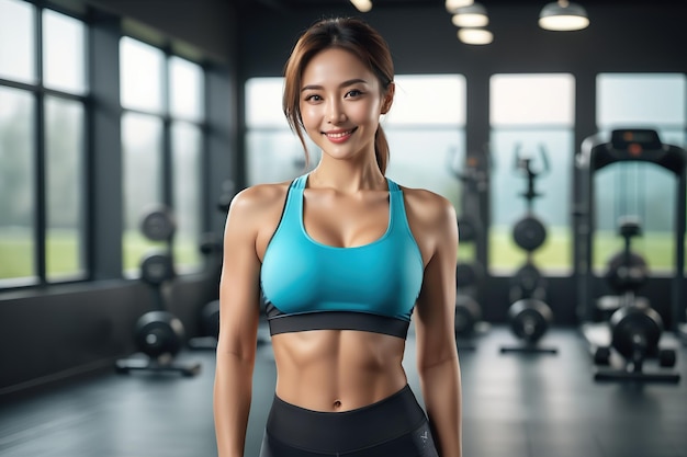 사진 한 여성이 스포츠 브래지어 과 회색 레을 입고 웃고 체육관에 서 있었다