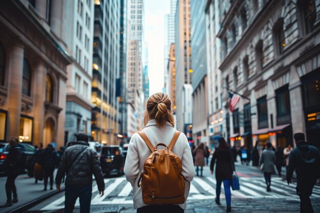 写真 バックパックを背負った女性が他の歩行者と建物の背景で繁忙した都市街を歩いています ビジネスウーマンが活発な金融地区を歩いています