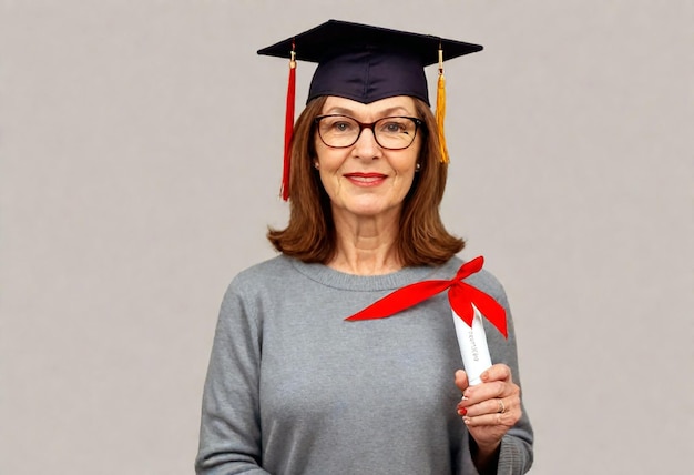 Фото Женщина в выпускной шапке и очках держит диплом