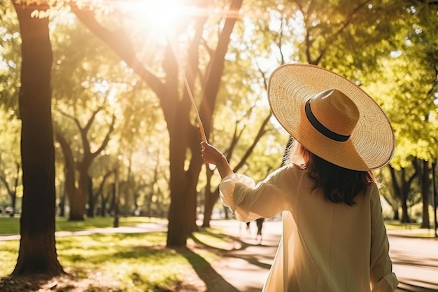 写真 公園で帽子をかぶった女性